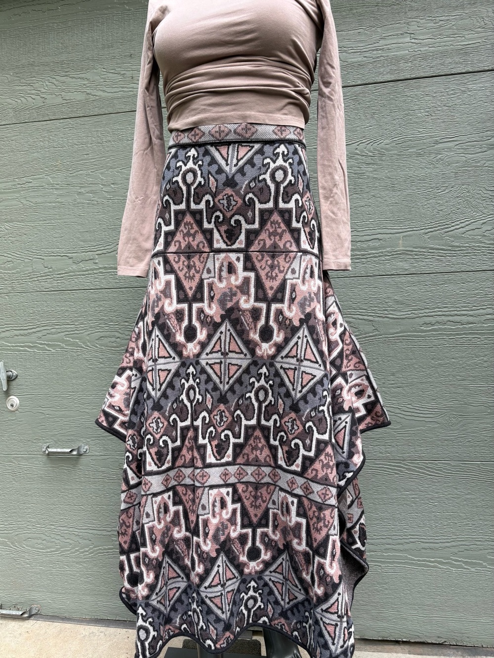 Peruvian Connection Geometric Maxi Skirt in Taupe, Gray with Dusty Rose Accent